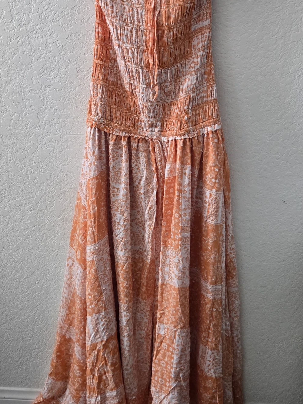 Smocked Strapless Orange Paisley Maxi Dress